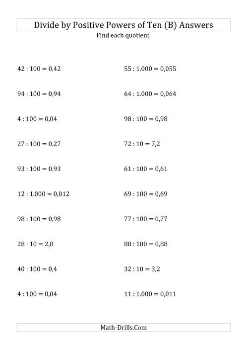 The Dividing Whole Numbers by Positive Powers of Ten (Standard Form) (B) Math Worksheet Page 2