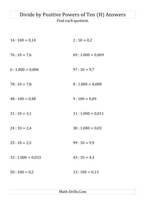 The Dividing Whole Numbers by Positive Powers of Ten (Standard Form) (H) Math Worksheet Page 2