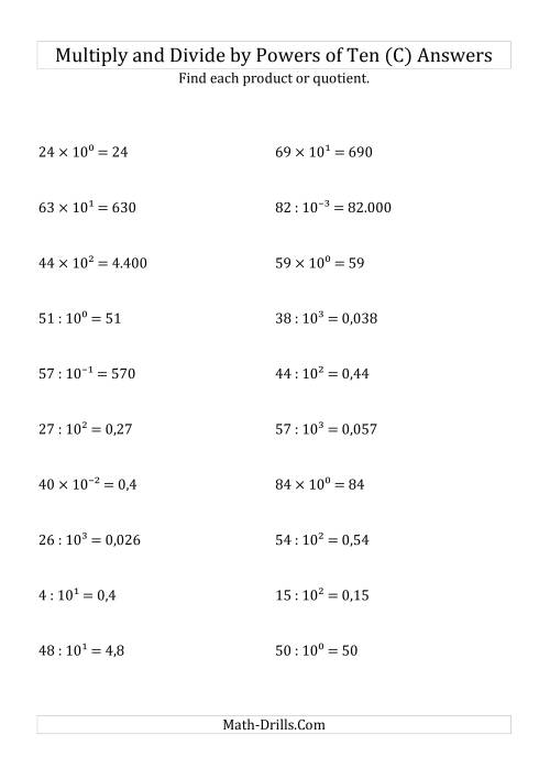 The Multiplying and Dividing Whole Numbers by All Powers of Ten (Exponent Form) (C) Math Worksheet Page 2
