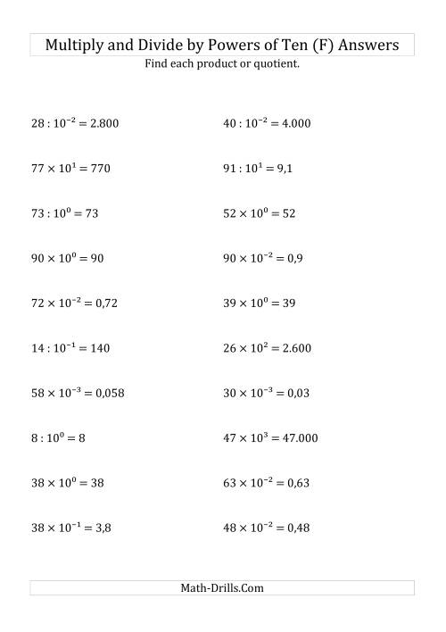 The Multiplying and Dividing Whole Numbers by All Powers of Ten (Exponent Form) (F) Math Worksheet Page 2