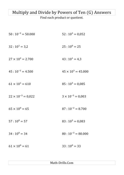 The Multiplying and Dividing Whole Numbers by All Powers of Ten (Exponent Form) (G) Math Worksheet Page 2
