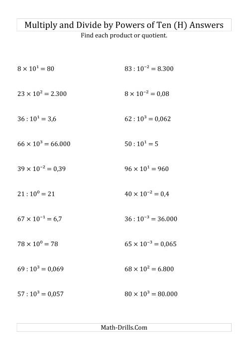 The Multiplying and Dividing Whole Numbers by All Powers of Ten (Exponent Form) (H) Math Worksheet Page 2