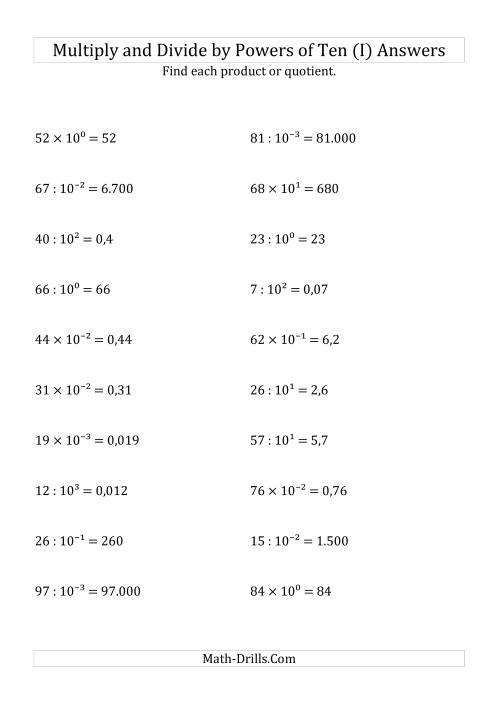 The Multiplying and Dividing Whole Numbers by All Powers of Ten (Exponent Form) (I) Math Worksheet Page 2