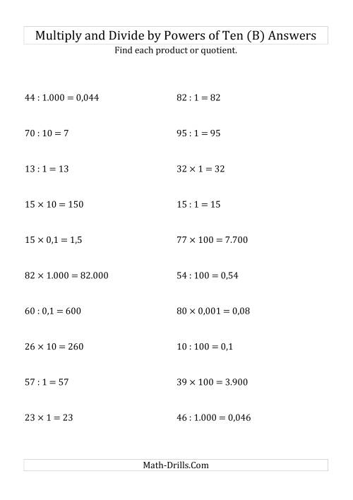 The Multiplying and Dividing Whole Numbers by All Powers of Ten (Standard Form) (B) Math Worksheet Page 2