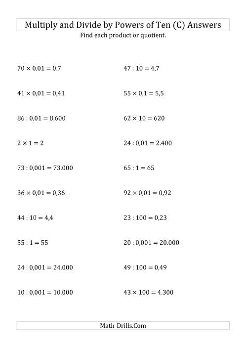 The Multiplying and Dividing Whole Numbers by All Powers of Ten (Standard Form) (C) Math Worksheet Page 2