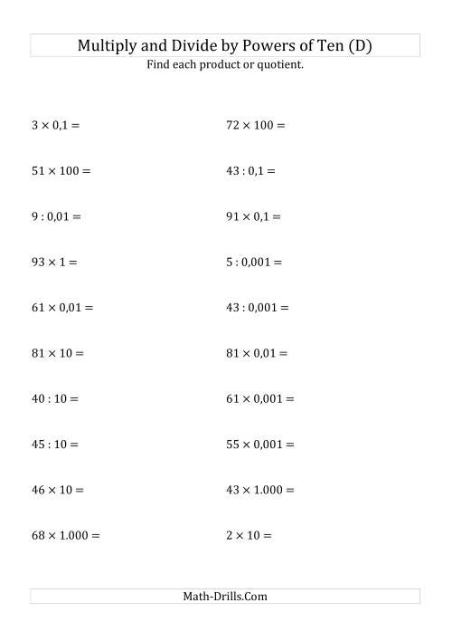 The Multiplying and Dividing Whole Numbers by All Powers of Ten (Standard Form) (D) Math Worksheet