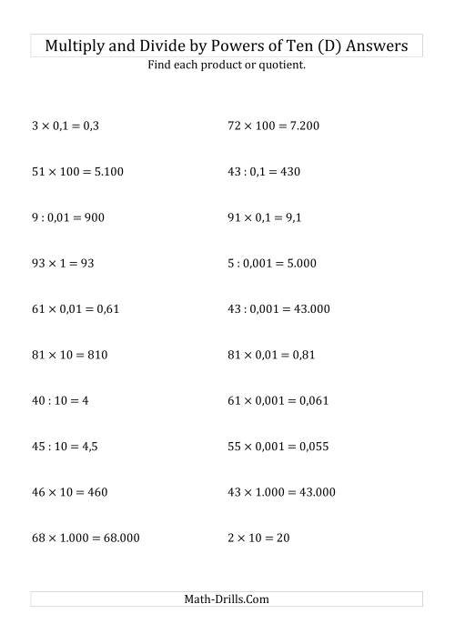The Multiplying and Dividing Whole Numbers by All Powers of Ten (Standard Form) (D) Math Worksheet Page 2