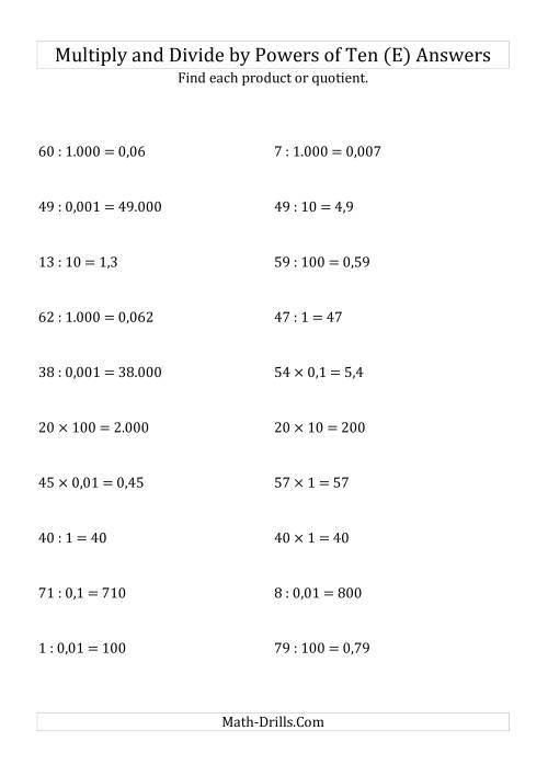 The Multiplying and Dividing Whole Numbers by All Powers of Ten (Standard Form) (E) Math Worksheet Page 2
