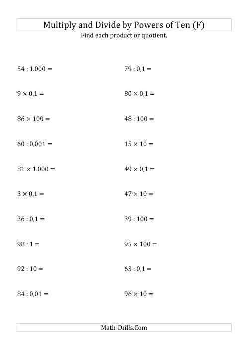 The Multiplying and Dividing Whole Numbers by All Powers of Ten (Standard Form) (F) Math Worksheet