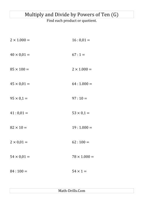 The Multiplying and Dividing Whole Numbers by All Powers of Ten (Standard Form) (G) Math Worksheet