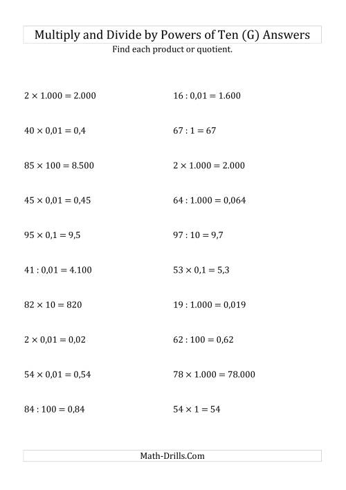 The Multiplying and Dividing Whole Numbers by All Powers of Ten (Standard Form) (G) Math Worksheet Page 2