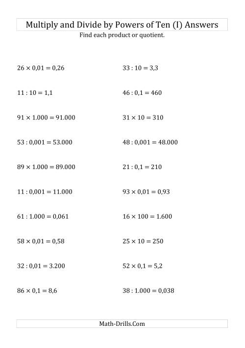 The Multiplying and Dividing Whole Numbers by All Powers of Ten (Standard Form) (I) Math Worksheet Page 2