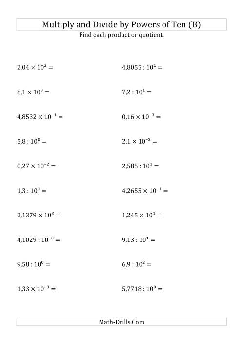 The Multiplying and Dividing Decimals by All Powers of Ten (Exponent Form) (B) Math Worksheet
