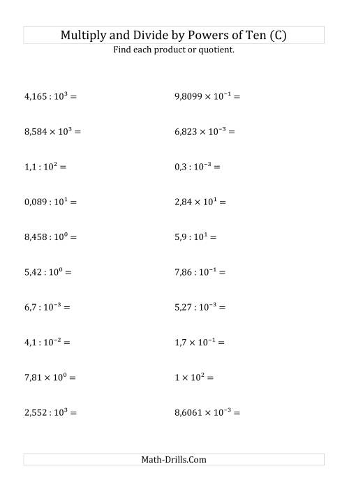 The Multiplying and Dividing Decimals by All Powers of Ten (Exponent Form) (C) Math Worksheet