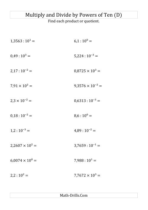 The Multiplying and Dividing Decimals by All Powers of Ten (Exponent Form) (D) Math Worksheet