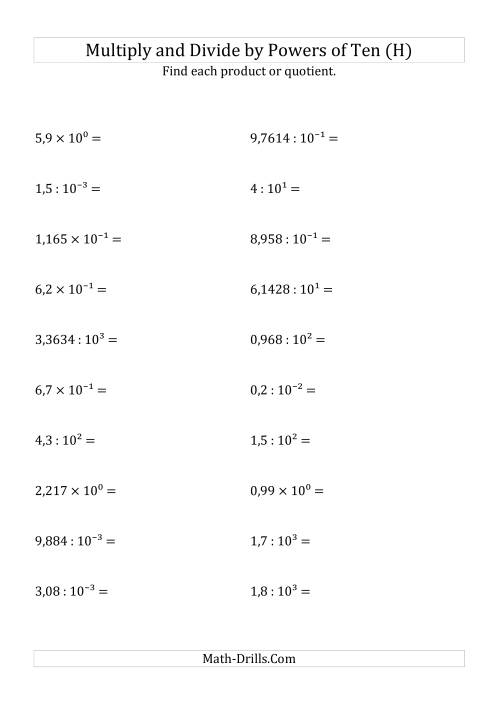 The Multiplying and Dividing Decimals by All Powers of Ten (Exponent Form) (H) Math Worksheet