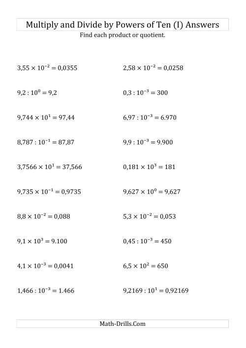 The Multiplying and Dividing Decimals by All Powers of Ten (Exponent Form) (I) Math Worksheet Page 2