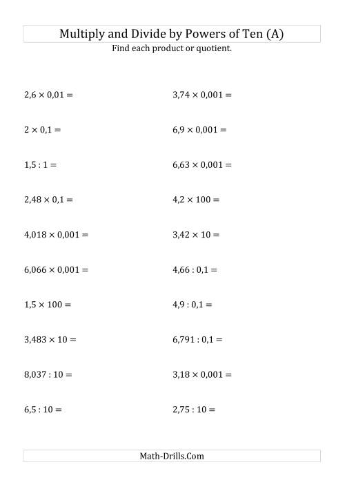 The Multiplying and Dividing Decimals by All Powers of Ten (Standard Form) (A) Math Worksheet