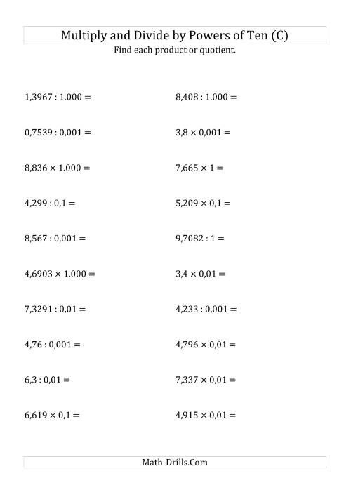 The Multiplying and Dividing Decimals by All Powers of Ten (Standard Form) (C) Math Worksheet