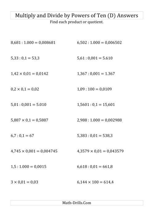 The Multiplying and Dividing Decimals by All Powers of Ten (Standard Form) (D) Math Worksheet Page 2