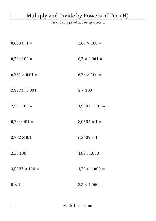 The Multiplying and Dividing Decimals by All Powers of Ten (Standard Form) (H) Math Worksheet