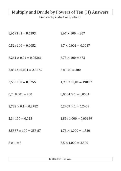 The Multiplying and Dividing Decimals by All Powers of Ten (Standard Form) (H) Math Worksheet Page 2
