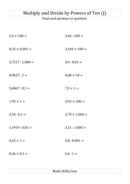 The Multiplying and Dividing Decimals by All Powers of Ten (Standard Form) (J) Math Worksheet