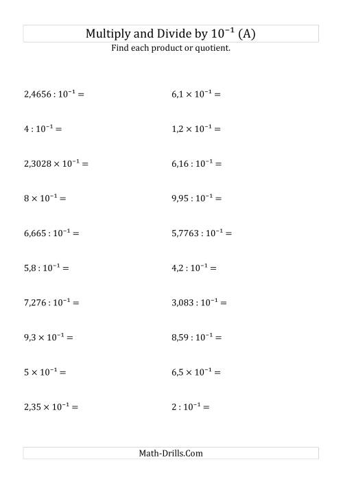 The Multiplying and Dividing Decimals by 10<sup>-1</sup> (A) Math Worksheet