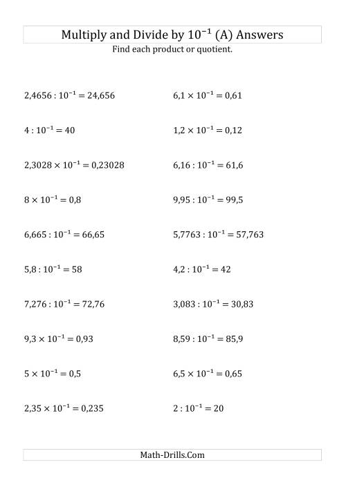 The Multiplying and Dividing Decimals by 10<sup>-1</sup> (A) Math Worksheet Page 2