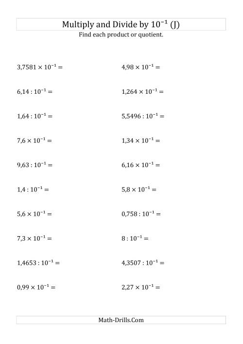 The Multiplying and Dividing Decimals by 10<sup>-1</sup> (J) Math Worksheet