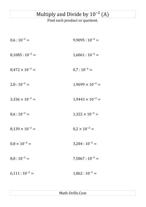 The Multiplying and Dividing Decimals by 10<sup>-2</sup> (A) Math Worksheet
