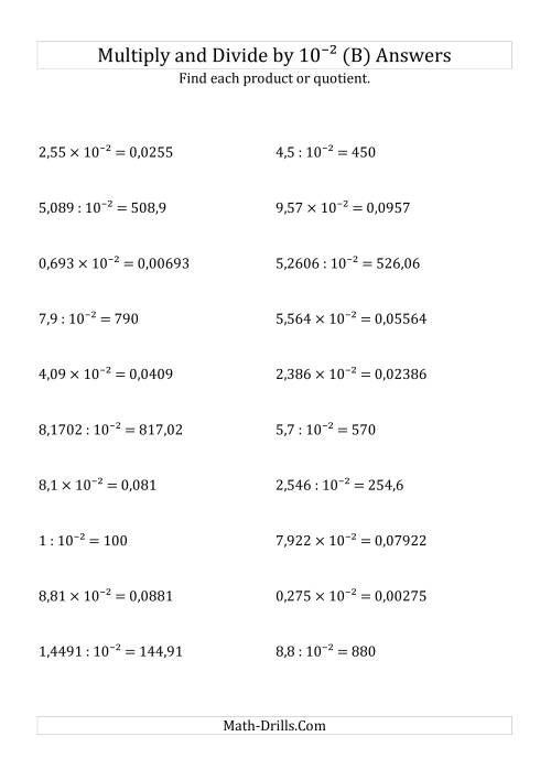 The Multiplying and Dividing Decimals by 10<sup>-2</sup> (B) Math Worksheet Page 2