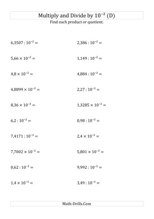 The Multiplying and Dividing Decimals by 10<sup>-2</sup> (D) Math Worksheet