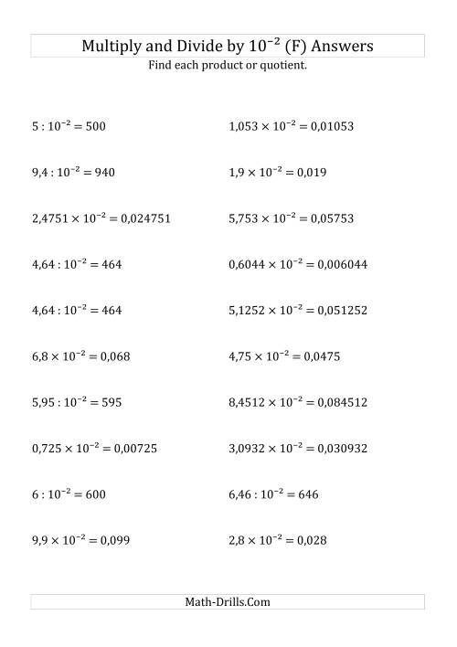 The Multiplying and Dividing Decimals by 10<sup>-2</sup> (F) Math Worksheet Page 2