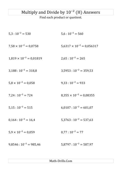 The Multiplying and Dividing Decimals by 10<sup>-2</sup> (H) Math Worksheet Page 2