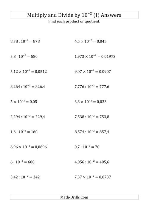 The Multiplying and Dividing Decimals by 10<sup>-2</sup> (I) Math Worksheet Page 2