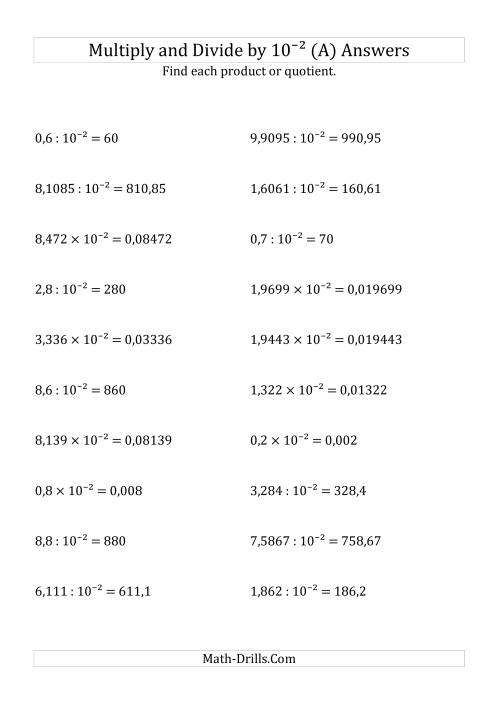 The Multiplying and Dividing Decimals by 10<sup>-2</sup> (All) Math Worksheet Page 2