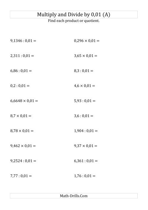 The Multiplying and Dividing Decimals by 0,01 (A) Math Worksheet
