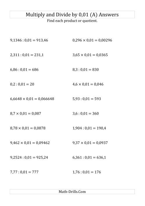 The Multiplying and Dividing Decimals by 0,01 (A) Math Worksheet Page 2