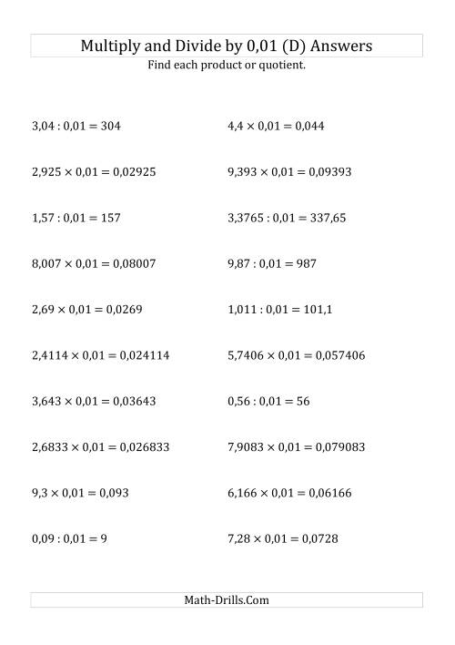 The Multiplying and Dividing Decimals by 0,01 (D) Math Worksheet Page 2