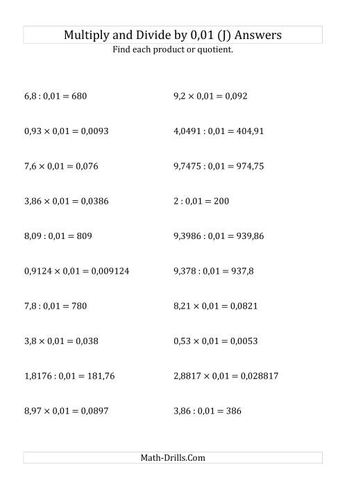 The Multiplying and Dividing Decimals by 0,01 (J) Math Worksheet Page 2