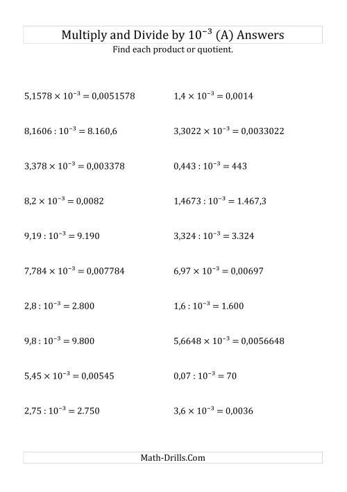 The Multiplying and Dividing Decimals by 10<sup>-3</sup> (A) Math Worksheet Page 2