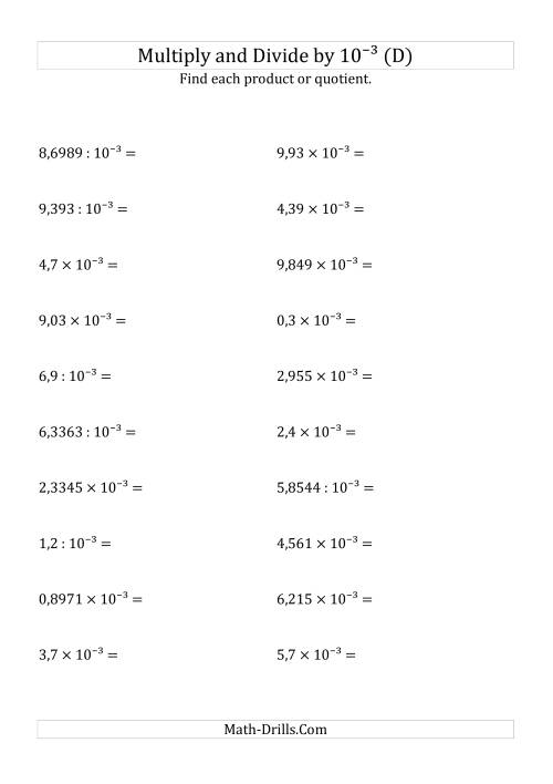 The Multiplying and Dividing Decimals by 10<sup>-3</sup> (D) Math Worksheet