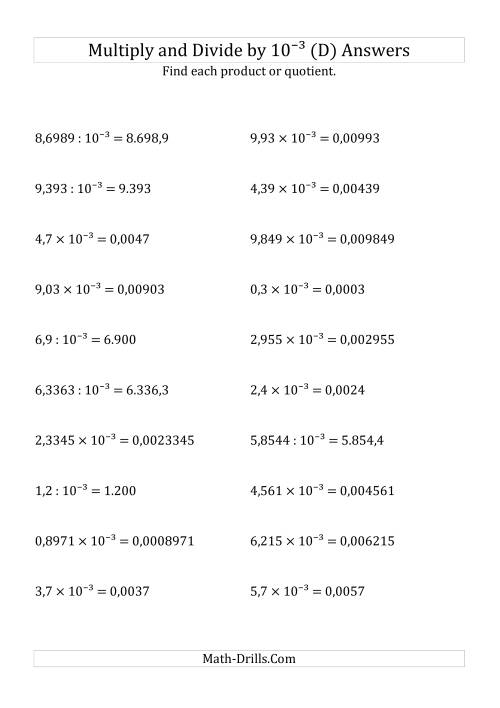 The Multiplying and Dividing Decimals by 10<sup>-3</sup> (D) Math Worksheet Page 2