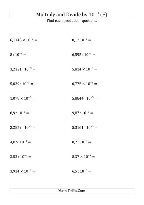 The Multiplying and Dividing Decimals by 10<sup>-3</sup> (F) Math Worksheet