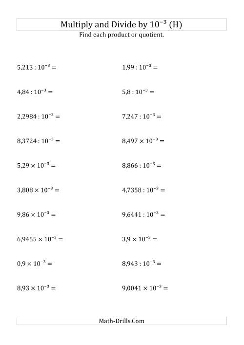 The Multiplying and Dividing Decimals by 10<sup>-3</sup> (H) Math Worksheet