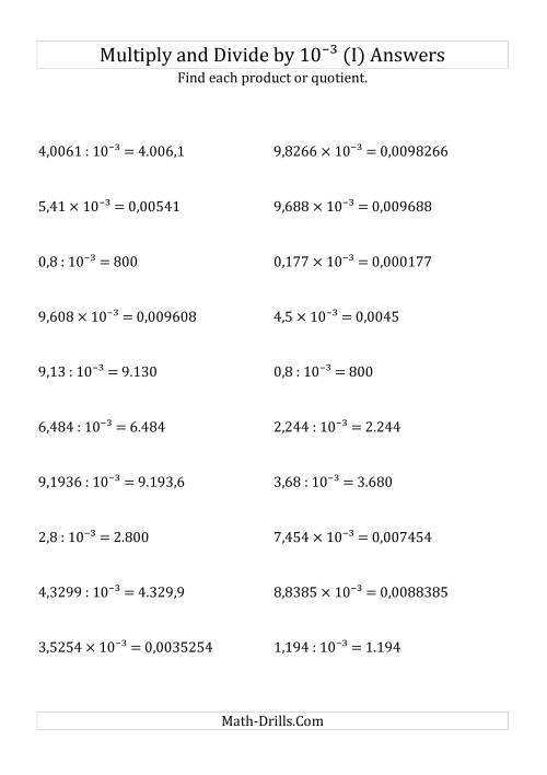 The Multiplying and Dividing Decimals by 10<sup>-3</sup> (I) Math Worksheet Page 2