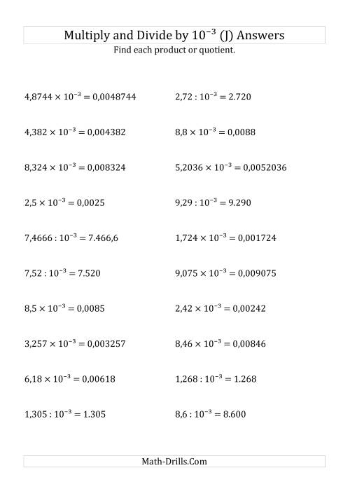 The Multiplying and Dividing Decimals by 10<sup>-3</sup> (J) Math Worksheet Page 2