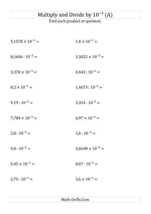 The Multiplying and Dividing Decimals by 10<sup>-3</sup> (All) Math Worksheet