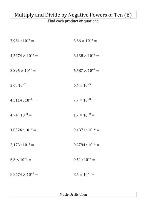 The Multiplying and Dividing Decimals by Negative Powers of Ten (Exponent Form) (B) Math Worksheet